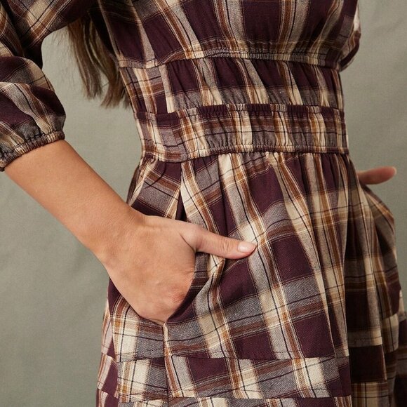 Burgundy Casual Women's Western Plaid Notch V-Neck Tiered Long Sleeve maxi Dress - Picture 4 of 5